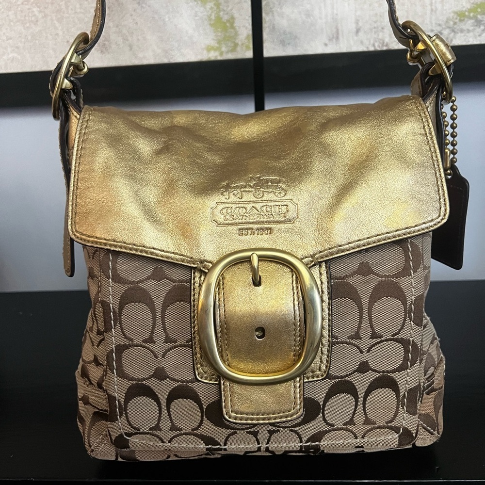 Coach Bleeker Signature Buckle Flap Gold Metallic and Brown Signature Bag